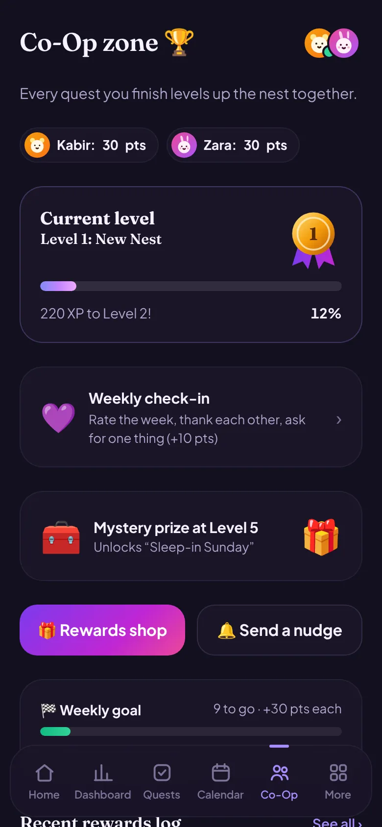 Co-op zone with level and rewards