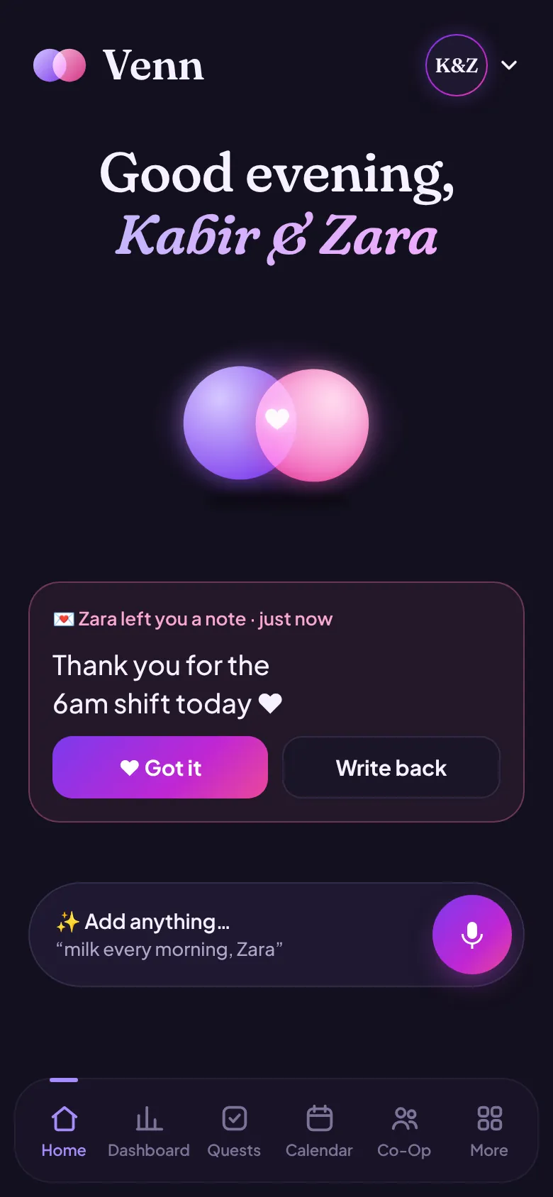 Venn home screen with a love note from a partner