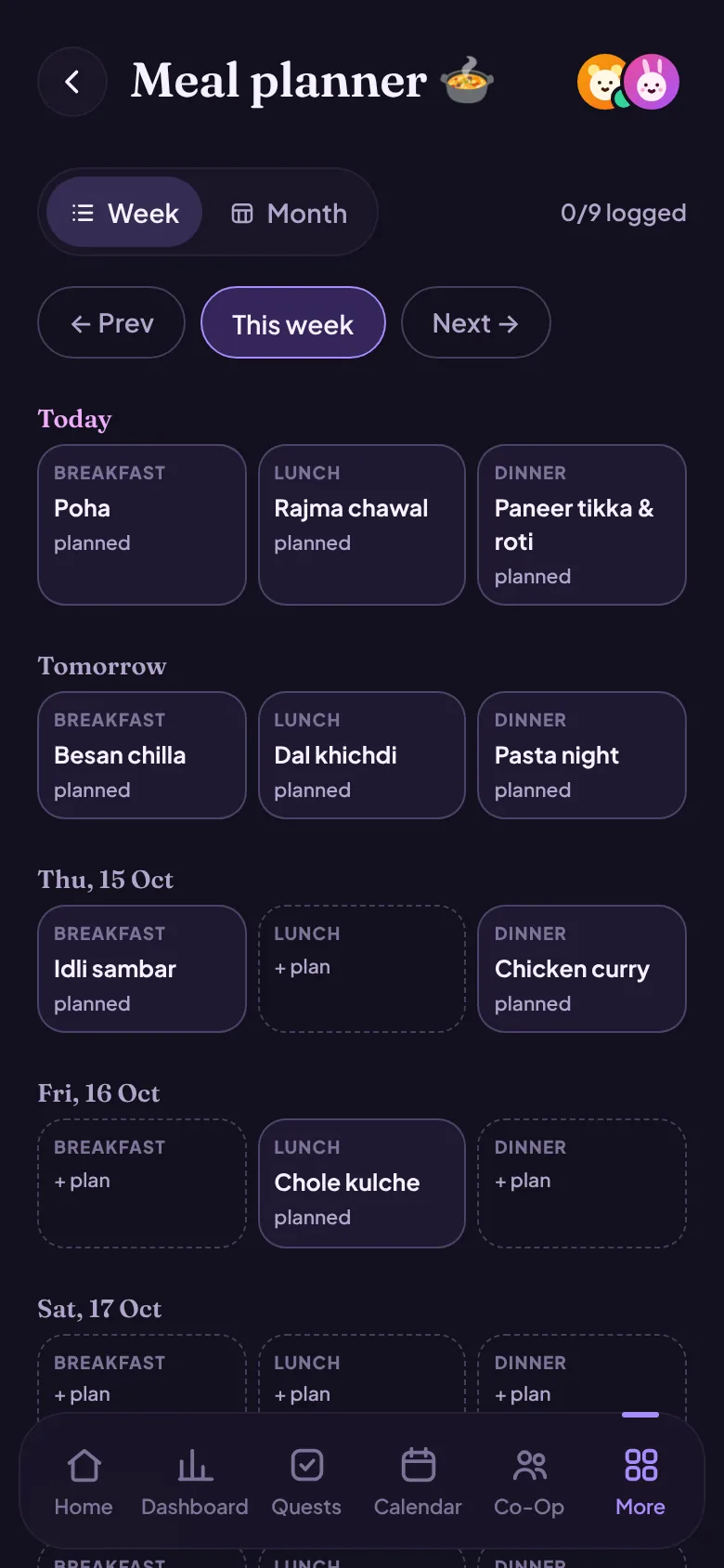 Venn meal planner showing a week of breakfasts, lunches and dinners